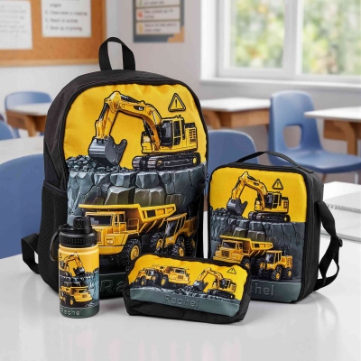 Personalized Name Yellow Excavator Truck School Bag Set, Children's Water Bottle/Backpack/Lunch Bag/Pencil Case, Back to School/Birthday Gift for Boys