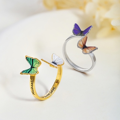 Custom Engraved Double 3D Birth Butterflies Ring, Dainty Adjustable Open Ring, Birthday/Mother's Day/Anniversary Gift for Her/Mom/Couple/Best Friend