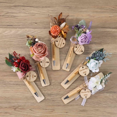 Personalized Dried Flowers Wooden Ballpoint Pen Set with Engraved Text and Round Tag, Wedding/Anniversary/Birthday Gift for Bridesmaids/Besties
