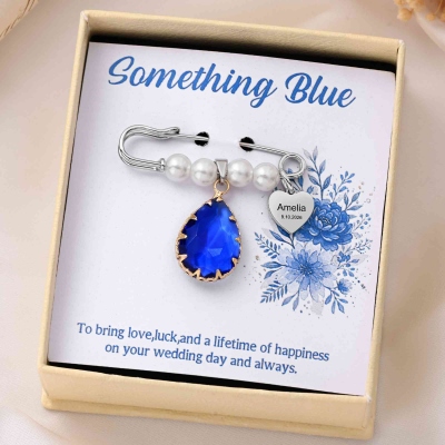 Personalized Name & Date Heart Tag Pearls Bridal Bouquet Charm with Blue Gemstone/Cross, Something Blue Keepsake, Wedding Gift for Her/Brides