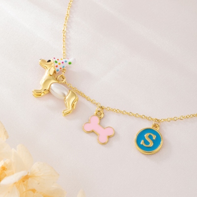 Personalized Dachshund & Bone Necklace with Initial Charm, Sterling Silver 925 Dog Memorial Jewelry, Sympathy/Birthday Gift for Dog Lovers/Owners