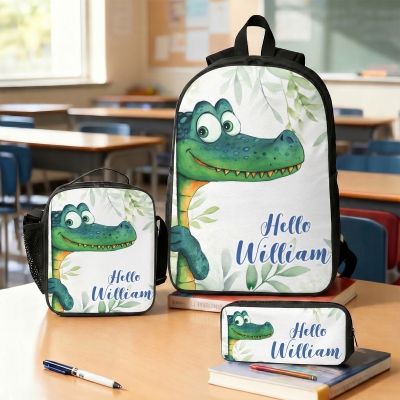 Personalized Cute Animal Say Hello Backpack with Lunch Bag & Pencil Case with Name, Children's School Bag Set, Back to School/Birthday Gift for Kids