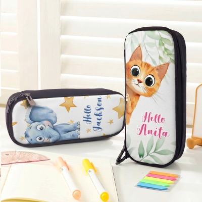Personalized Cute Animal Says Hello Durable Pencil Case with Name, School Supplies, Back to School/Birthday Gift for Kids/Boys/Girls/Students