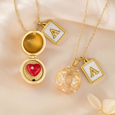 Personalized Initial Egg Locket Necklace with Red Heart Surprise, Openable 3D Heart Necklace with Letter Tag, Birthday/Anniversary Gift for Her/Couple