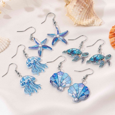 Stained Glass Effect Beach Ocean Theme Dangle Earrings, Turtle/Seashell/Mermaid/Starfish Acrylic Earrings, Birthday/Anniversary Gifts for Women