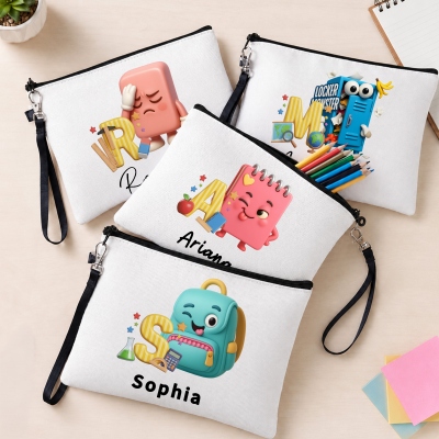 Custom Name School Theme Cartoon Character Alphabet Cosmetic Bag, Linen Makeup Pouch with Wrist Strap, Appreciation/Back to School Gift for Teachers