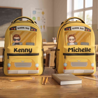 Personalized School Bus Cartoon Character Backpack with Name, Large Capacity Multicolor School Bag, Back to School/Birthday Gift for Kids/Students