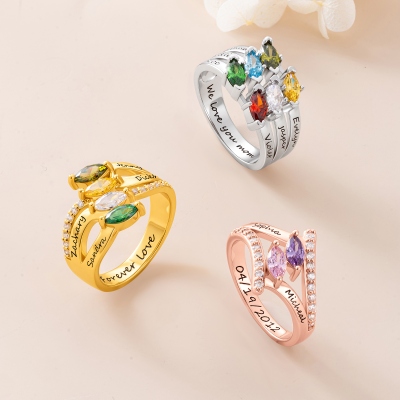 Custom 1-6 Marquise Family Birthstone Ring with Engraved Name, Sterling Silver 925 Jewelry, Birthday/Mother's Day Gift for Mom/Grandma/Women