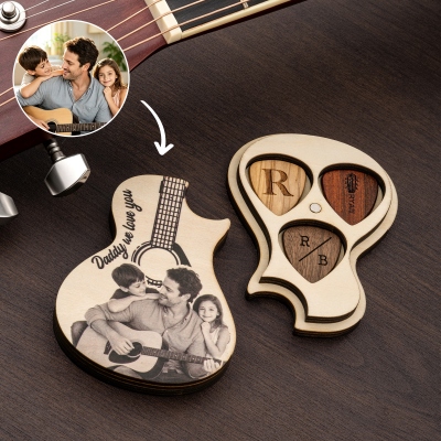 Custom Photo Guitar Shaped Pick Holder Set with Engraved Name, Wooden Portable Musician Storage with 3 Guitar Picks, Gift for Guitar Players/Family