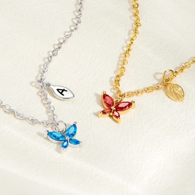 Custom Birthstone Butterfly Necklace with Initial Leaf Charm, Engraved Sterling Silver 925 Dainty Pendant Jewelry, Gift for Girlfriend/Bridesmaid/Her
