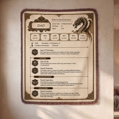 Personalized DND Dad/Mom/Son/Daughter Stat Block Woven Throw Blanket, Custom Family RPG Character Stats Blanket, Vintage Dragon Flannel Blanket Gift