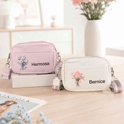Custom Birth Flower Bouquet Leather Crossbody with Name, Floral Adjustable Camera Shoulder Purse, Daily Casual Commute Bag, Birthday Gift for Mom/Her