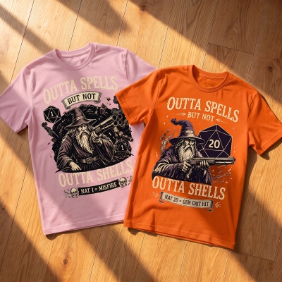 Funny DND Wizard Gun Graphic T-Shirt, Retro Vintage Outta Spells But Not Outta Shells Tee, Nat 20/Nat 1 Dark Humor Fantasy Tabletop RPG Gift Shirt