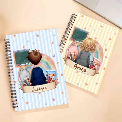 Personalized Multicolor Stripe Cartoon Character Back View Notebook with Name, A5 Spiral Journal, Daily Use, Back to School/Birthday Gift for Students