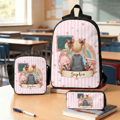Personalized Cartoon Character Back View Backpack Lunch Bag Pencil Case Set with Name, Daily Use, Back to School/Birthday Gift for Kids/Boys/Girls