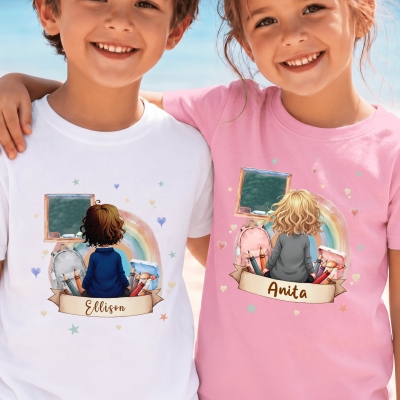 Personalized Cute Cartoon Kid Character Back View 100% Cotton T-Shirt with Name, Summer Wear, Birthday/Back to School Gift for Kids/Boys/Girls