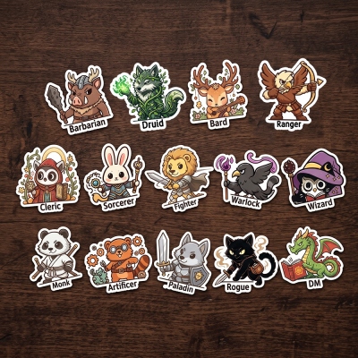 Cute Animal DND Class Art Paper Stickers Pack, RPG Character Decals for Laptop, Water Bottle, Phone, Journal, Refrigerator, DND Gifts