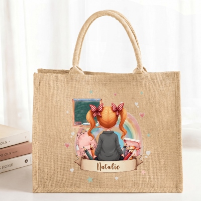 Personalized Rainbow Blackboard Cartoon Character Back View Jute Tote Bag with Name, Daily Use, Back to School/Birthday Gift for Kids/Girls/Boys