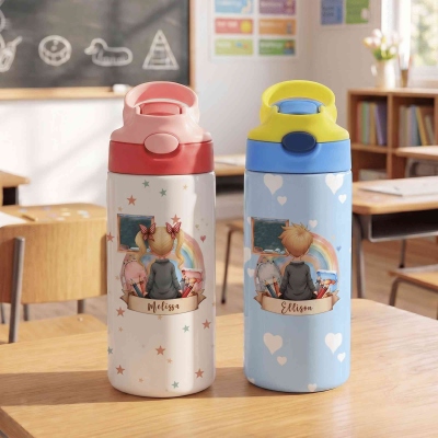 Custom Name Cute Cartoon Character Back View Insulated Water Bottle, 12 oz Children's Cup with Straw and Spill-Proof Lid, Back to School Gift for Kids