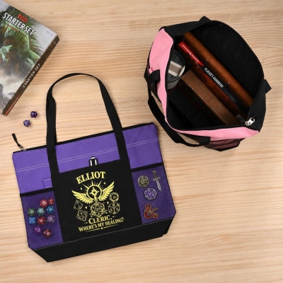 Personalized DND Bag of Holding Zippered Tote, Custom Name Dice Canvas Gaming Tote Bag, Multi-Color Custom Print RPG Gift Bag