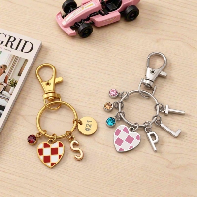 Personalized Birthstone Racing Flag Checkered Heart-Shaped Keychain with Initial, Bag Accessory, Birthday/Memorial Gift for Racing Lovers/Women Racers