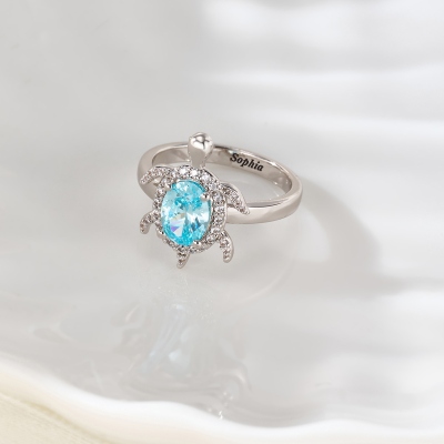 Custom Engraved Sea Turtle Ring with Birthstone, Dainty Ocean Jewelry, Birthday/Anniversary Gift for Her/Couple/Besties/Women/Ocean Lovers