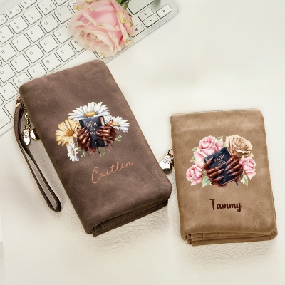 Personalized Name Birth Flower Black Woman Manicure Bible Tri-Fold Wallet, Leather Wallet Card Phone Holder with Wrist Strap, Gift for Christian Women