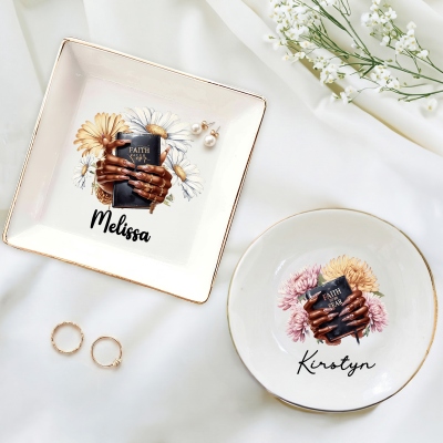 Personalized Name Birth Flower Black Woman Manicure Bible Jewelry Dish, Round/Square Ceramic Trinket Tray, Birthday/Christmas Gift for Christian Women