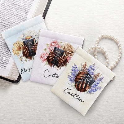 Custom Name Birth Flower Black Woman Manicure Bible Rosary Pouch, Portable Squeeze PU Leather Coin Purse, Birthday/Baptism Gift for Christian Women
