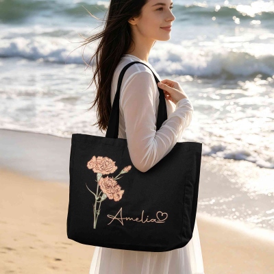 Personalized Birth Flower Tote Bag with Name, Large Capacity Canvas Handbag, Birthday/Mother’s Day/Wedding Gift for Her/Mom/Bridesmaids/Women