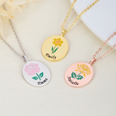 Custom Name Engraved Enamel Birth Flower Necklace, Sterling Silver 925 Dainty Women’s Jewelry, Birthday/Mother’s Day Gift for Her/Wife/Mom/Daughter