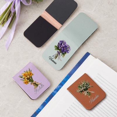 Personalized Name Oil Painting Birth Flower Bouquet Bookmark, Magnetic Leather Bookmark Clip, Birthday/Anniversary Gift for Book Lovers/Readers/Women