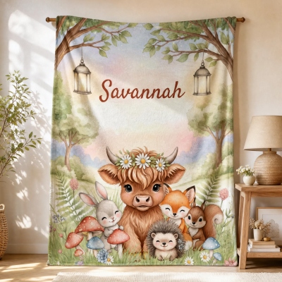 Custom Name Highland Cow & Woodland Friends Baby Blanket, Soft Flannel/Sherpa Throw, Nursery Decor, Baby Shower/Birthday Gift for Newborns/Toddlers