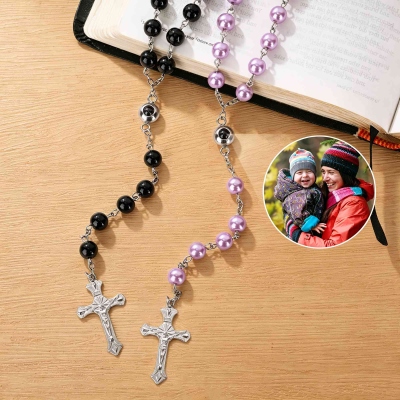 Personalized Photo Projection Crucifix Rosary Beaded Necklace, Dainty Religious Jewelry, Baptism/Christmas/Memorial Gift for Christians/Catholics