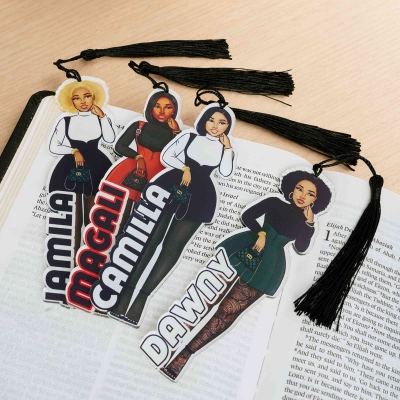 Personalized Name & Photo Black Fashion Girl Illustration Bookmark with Tassel, Acrylic Reading Accessory, Birthday Gift for Book Lovers/Black Women