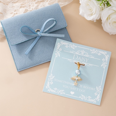Something Blue Pearl Charm with Custom Name Card & Small Sack, Snowflake/Heart/Bow/Moon/Angel Wings Bridal Bouquet Clip, Wedding Gift for Her/Brides