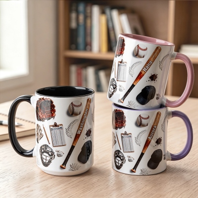 Personalized Name 3D Baseball-Themed Mug, 11oz/15oz Two Tone Ceramic Coffee Mug, Game Day/Birthday/Anniversary Gift for Baseball Lovers/Players