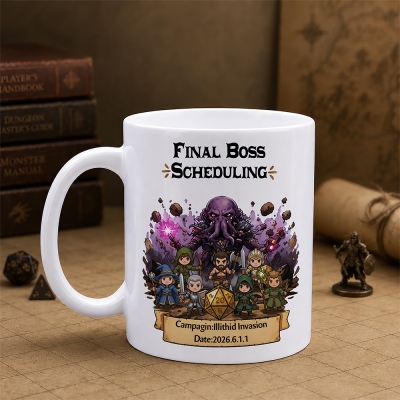 Personalized DND Final Boss Scheduling Mug, Custom Name & Date DND Campaign Memory Cup, RPG Party Memory Gift