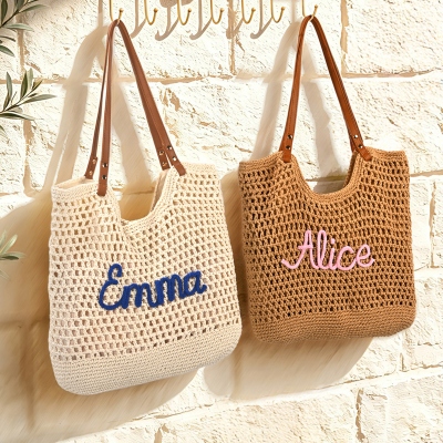 Personalisierte, gehäkelte Strandtasche mit Namensstickerei, gewebte Boho-Sommertasche, Reisehandtasche für Urlaub/Poolparty, Geschenk für sie/beste Freundinnen/Freundinnen