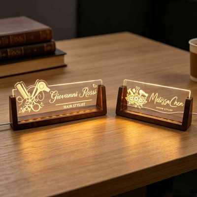 Personalized Hair Stylist Illuminated Desk Name Plate, Hairdresser LED Light Sign with Wooden Base, Birthday Gift for Hairstylists/Hairdressers