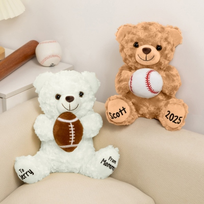 Personalized Name Sports Teddy Bear Stuffed Animal, Plush Bear Holding Baseball/Softball/Volleyball/Rugby/Basketball, Gift for Kids/Sports Lovers