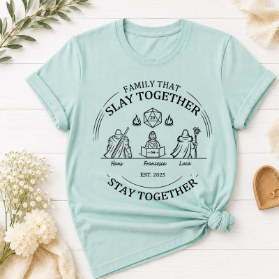 Personalized DND Family That Slay Together T-Shirt, Custom Class Character Silhouette & Player Names, DND Family Pure Cotton Tee Gifts
