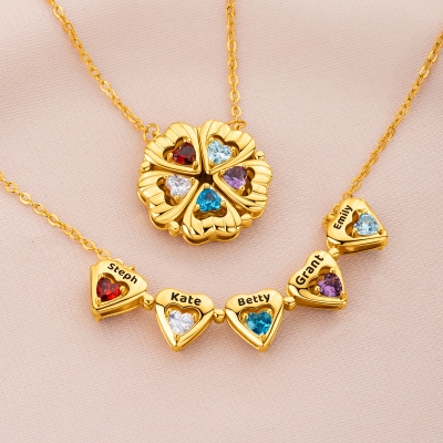 Personalized 3-8 Hollow Heart Petals Necklace with Birthstones & Names, Dainty Family Flower Jewelry, Birthday/Mother's Day Gift for Wife/Mom/Grandma