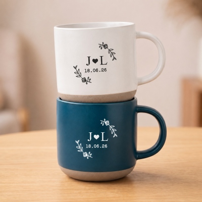 Personalized Initials Mr & Mrs Heart Floral Pottery Mug with Date, Multicolor 12oz Ceramic Coffee Tea Mug, Wedding/Anniversary Gift for Her/Him/Couple