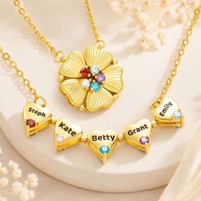 Personalized 3-10 Heart Petals Necklace with Birthstones & Names, Dainty Family Flower Jewelry, Birthday/Mother's Day Gift for Wife/Mom/Grandma