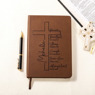 Personalized Cross Bible Verses Leather Notebook with Name, A5 Prayer Journal, Devotional Bible Study Notebook, Christian Gift for Family/Friends