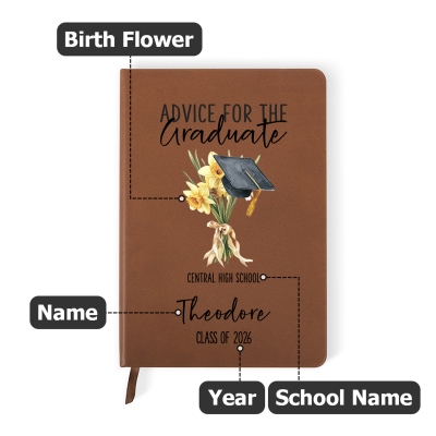 Personalized Graduation Cap Birth Flower Notebook with Name, A5 PU Leather Floral Journal, Birthday/Graduation Gift for Her/Daughter/Family/Friends