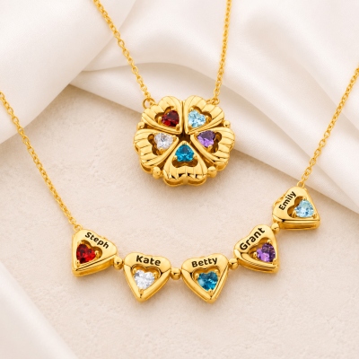 Personalized 3-8 Hollow Heart Petals Necklace with Birthstones & Names, Dainty Family Flower Jewelry, Birthday/Mother's Day Gift for Wife/Mom/Grandma