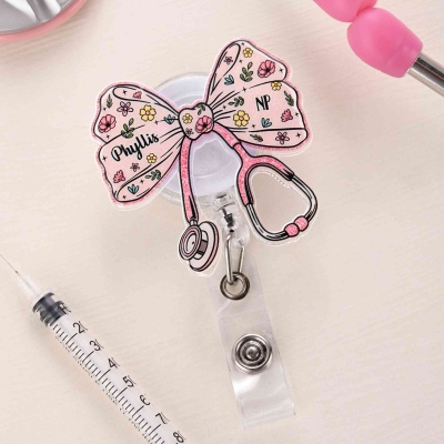 Custom Name Glitter Floral Bow Stethoscope Retractable Badge Reel, Acrylic ID Badge Holder Clip, Appreciation Gift for Nurses/Doctors/Medical Staff