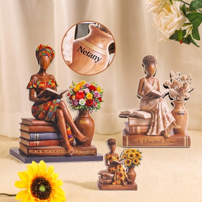 Custom Black Women Educated Powerful Wooden Tabletop Decor with Name, Inspirational Floral Reading Block Ornament, Gift for Black Women/Book Lovers